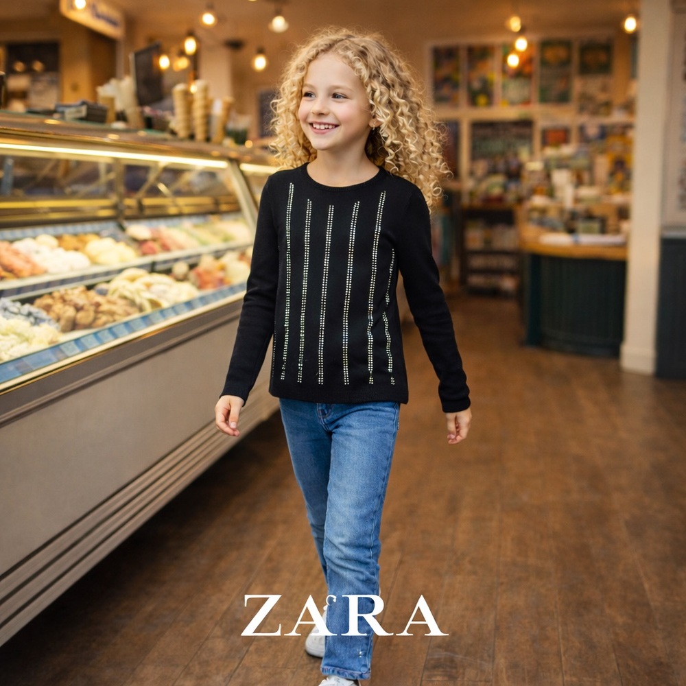 🌸 NWT Zara Kids Black Long Sleeve Shirt with rhinestones kids evening classic